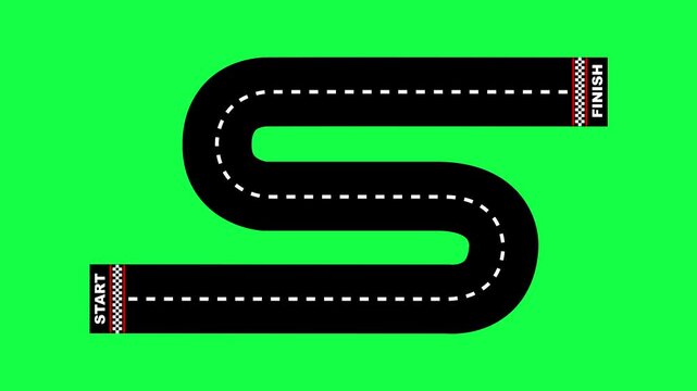 curved road for race track with start to finish line isolated green background. Start to Finish Race Track, one Lane Moving Road Animation. Linear race track with start to finish line. 4k motion video