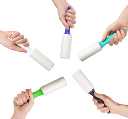 Women holding lint rollers for cleaning clothes isolated on white, set