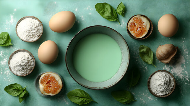 flat lay of mixing bowls and fresh ingredients on muted sage green surface, baking theme
