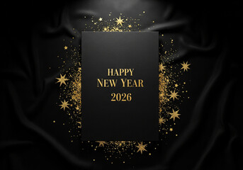 Luxury black and gold Happy New Year 2026 greeting card on silk background.