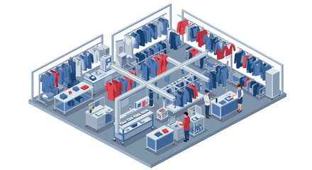 Clothing store isometric design with customers and employees interacting in modern interior