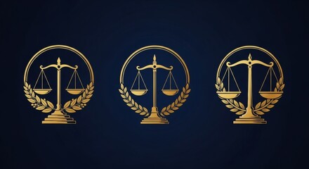 Golden scales of justice emblems with laurel wreaths on dark blue background
