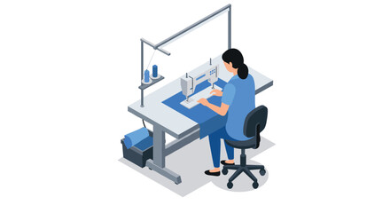 Isometric seamstress at work with sewing machine in modern tailor shop