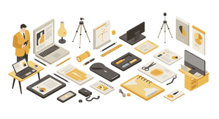 Isometric office workspace with modern technology and stationery elements
