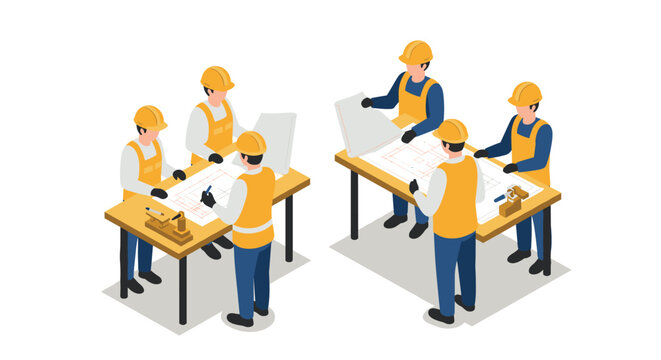 Isometric construction team working on architectural blueprints with safety gear - Powered by Adobe