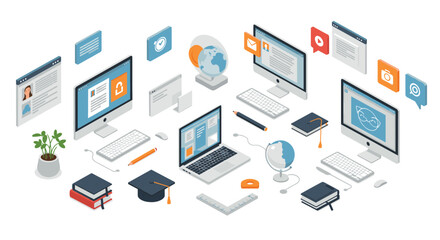 Obraz premium Isometric office desk with technology and books for modern remote learning concept