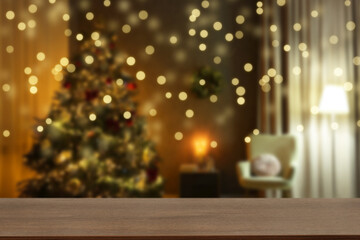 Empty wooden table against blurred room with Christmas tree, bokeh lights. Space for design