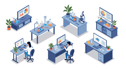 Obraz premium Isometric science lab workspace with computers and research equipment
