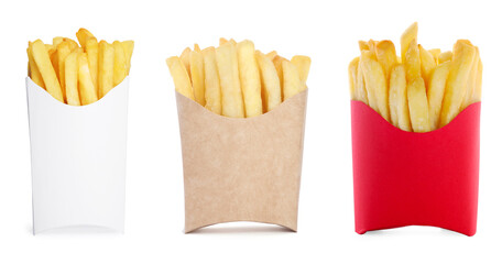 Tasty French fries in paper takeout containers isolated on white, set
