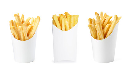 Tasty French fries in paper takeout containers isolated on white, set
