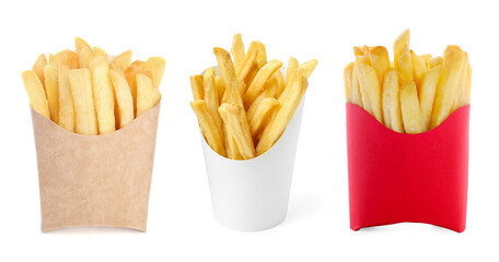 Tasty French fries in paper takeout containers isolated on white, set