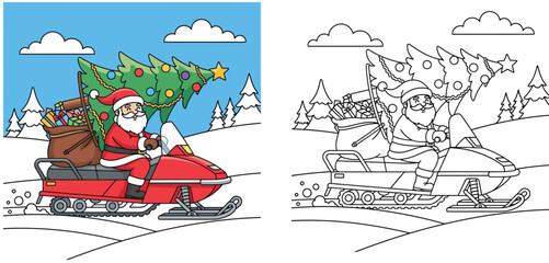 Obraz premium Santa Claus riding a red snowmobile carrying a Christmas tree and gifts, vector illustration with coloring book page outline