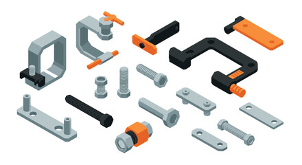 Obraz premium Industrial hardware collection: isometric tools and fasteners in gray and orange
