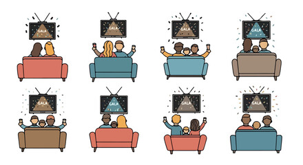 Families watching television together at home