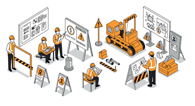 Industrial safety training scene with engineers and construction equipment in isometric style