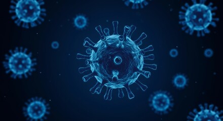 Detailed 3d rendering of a coronavirus particle in blue, symbolizing global pandemic, viral infection, and medical research