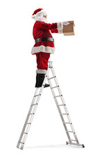 Santa claus standing on a ladder and holding a cardboard box © Ljupco Smokovski