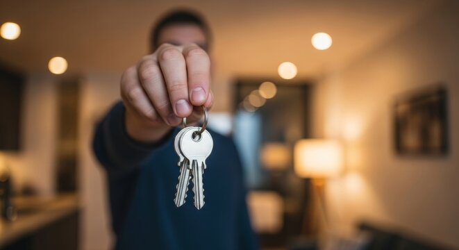 Hand offering new silver house keys in modern home interior