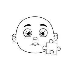 Obraz premium A child's face with a puzzled expression holds a jigsaw piece near their ear on a plain white background from a front viewpoint