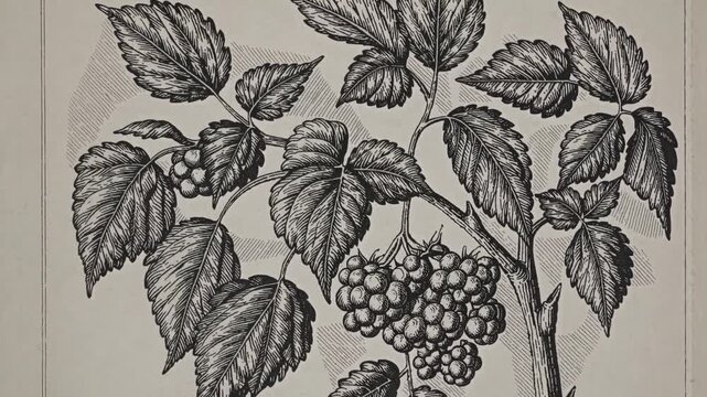 Detailed illustration showcases raspberry plant with leaves and fruit in classic botanical style