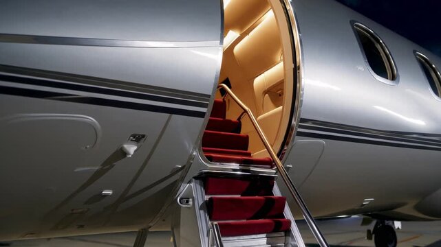 Luxury private jet ready for departure at night with illuminated stairs and sleek design in a modern airport setting