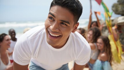 Energetic Hispanic man beach celebration cheers with crowd on sunny shore