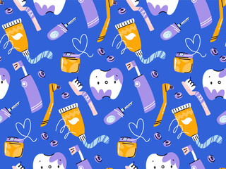 Dental pattern. A tooth stained with plaque tablet among toothbrushes, toothpastes, and dental floss