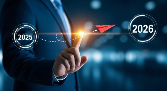 Businessman launching paper plane from 2025 to 2026, future business growth concept - Powered by Adobe