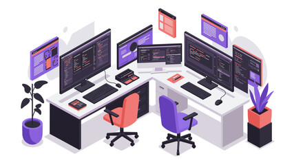 Modern office workspace with dual monitors and coding screens in isometric design