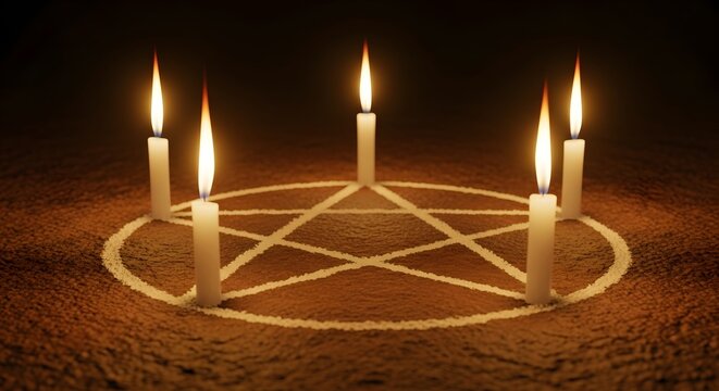 A pentagram drawn in chalk on a textured surface, with five white candles lit and arranged around its points, casting a warm glow in the darkness