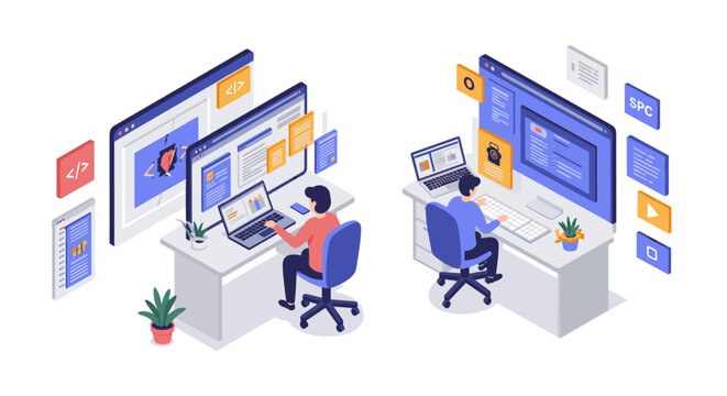 Developers working on desktop computers with code and graphics in isometric design