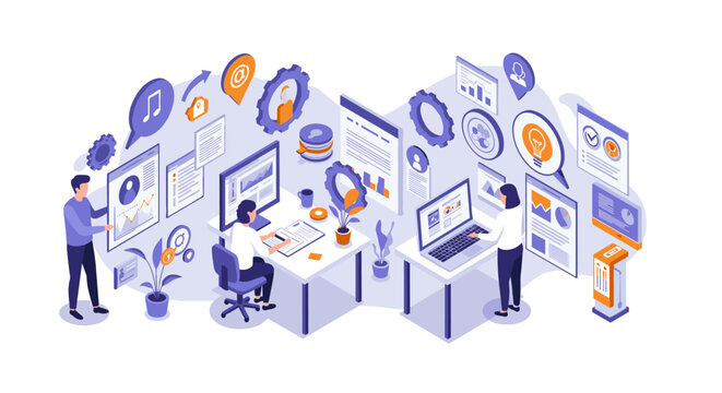 Isometric office workspace with team analyzing digital marketing data and charts - Powered by Adobe
