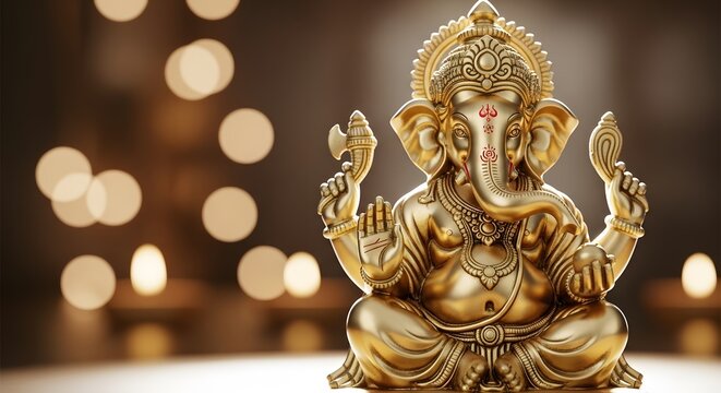 Golden statue of lord ganesha, the hindu deity of wisdom, prosperity, and good fortune, seated in a meditative pose with soft bokeh lights in the background