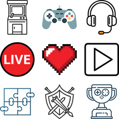 Video games icon sheet vector with flat gaming symbols, controllers, buttons, and UI elements in a clean minimal style for apps and digital interfaces
