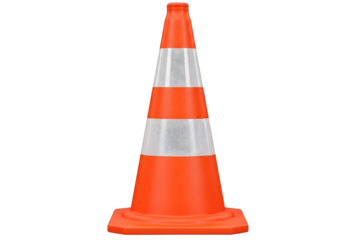Bright orange traffic cone with reflective stripes isolated on transparent background