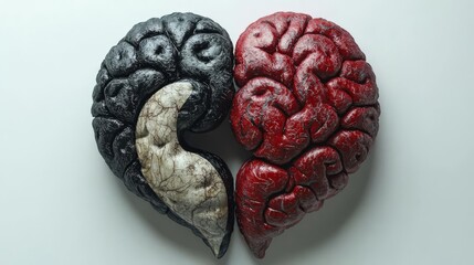 A creative representation of love and conflict, showcasing intertwined brains in contrasting colors forming a heart.
