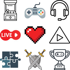 Video games icon sheet vector with flat gaming symbols, controllers, buttons, and UI elements in a clean minimal style for apps and digital interfaces