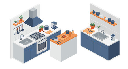 Obraz premium Modern isometric kitchen design with appliances and decor