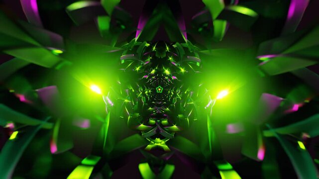 Kaleidoscopic neon light pattern abstract vibrant greens purples glow tunnels