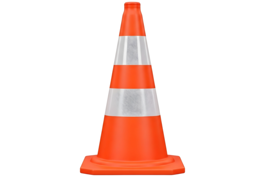 Bright orange traffic cone with reflective stripes isolated on transparent background