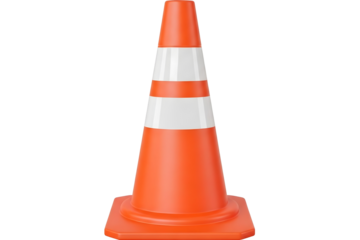 Bright orange traffic cone with reflective stripes isolated on transparent background