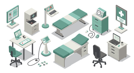 Modern isometric medical office furniture and equipment set for healthcare design