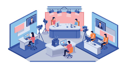 Modern broadcast studio with journalists and cameramen in isometric design