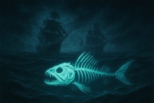 Skeletal Fish Haunting Dark Waters Beneath Ghost Ships