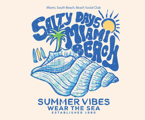 Fototapeta premium Seashell line drawing. Palm tree and surfing board design. Sound of the sea. Seashell vintage artwork. Summer vibes artwork.