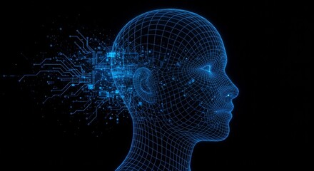 Futuristic artificial intelligence brain with digital circuitry and wireframe human head profile on black background