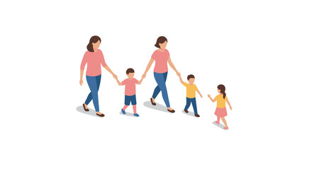 Obraz premium Isometric family strolling: mothers and children walking outdoors in casual outfits