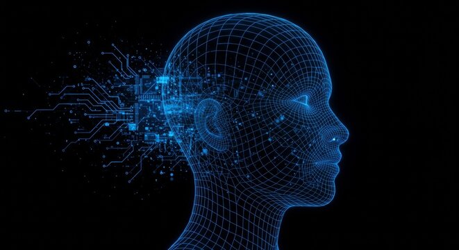 Futuristic artificial intelligence brain with digital circuitry and wireframe human head profile on black background