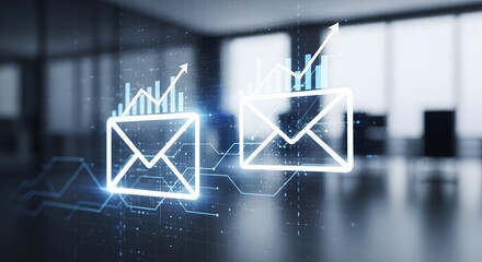 Glowing neon email icons with rising stock market graphs in a modern office environment