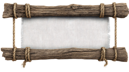 Horizontal rustic wooden sign with blank white fabric banner suspended by rope, isolated on transparent background